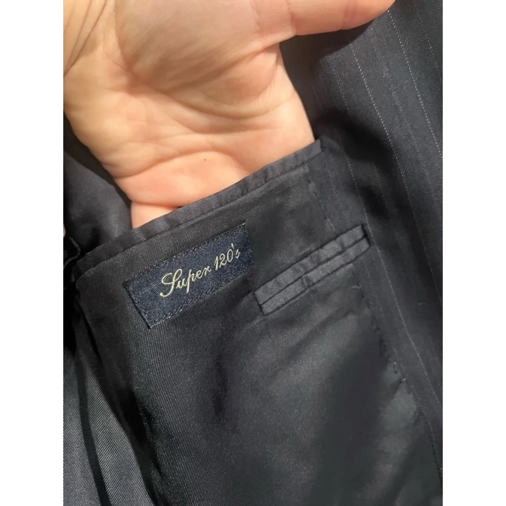 Men’s Canali Navy Blue Pinestripe Super 120s Wool Vintage Luxury Suit Jacket